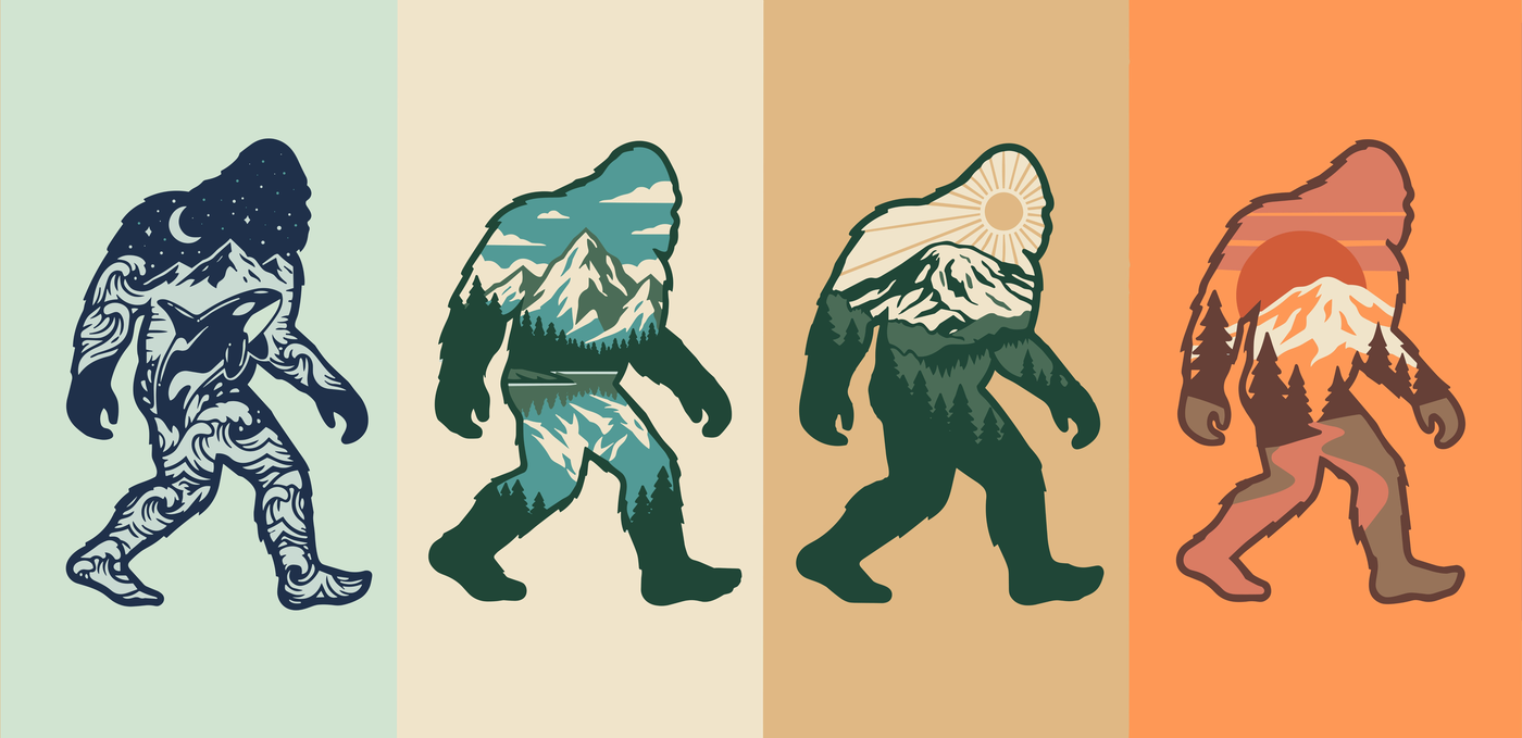 Bigfoot landscape illustration in four colorways