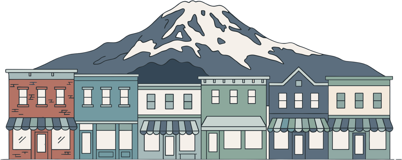 Orting storefronts with Mount Rainier