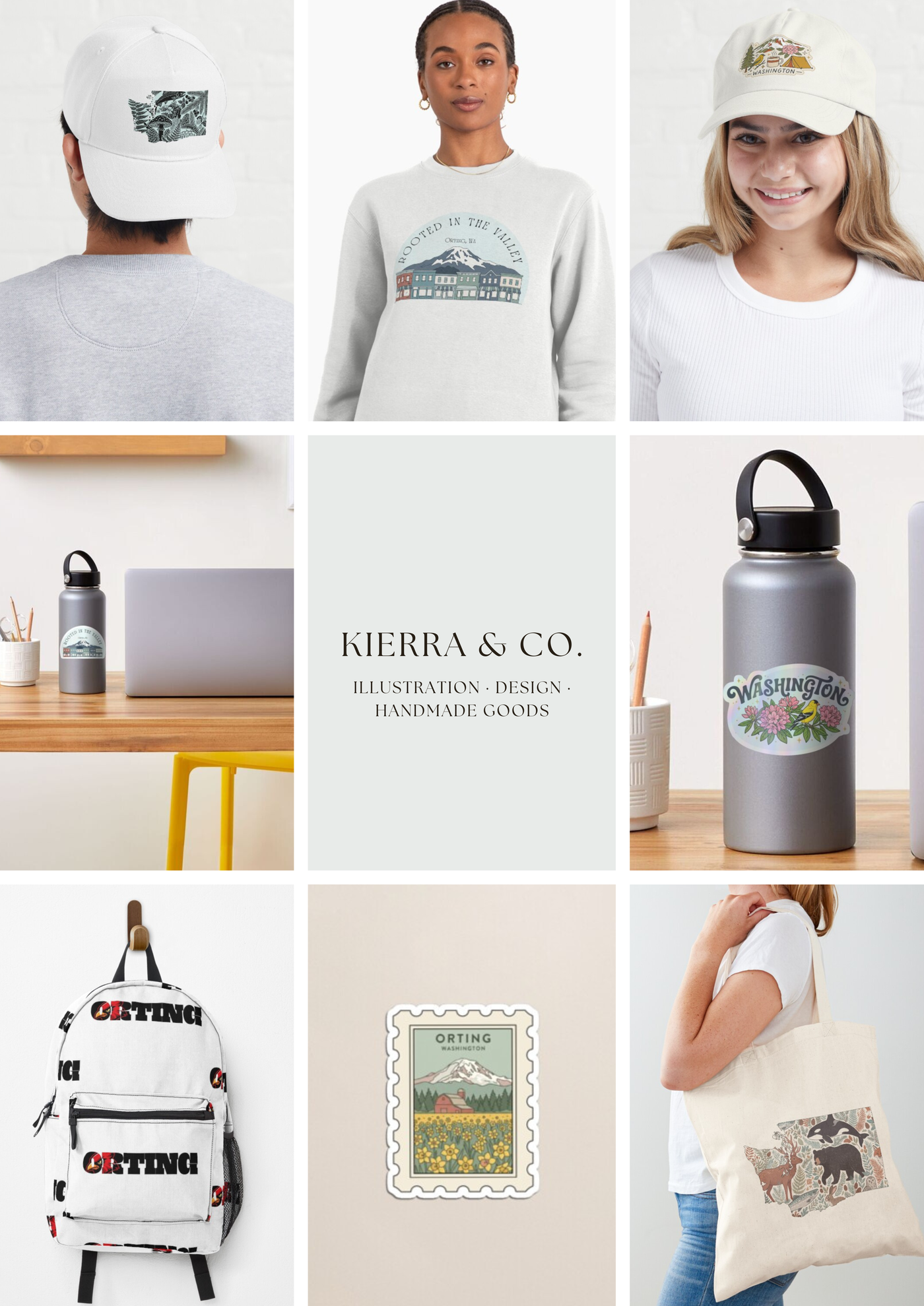 Kierra & Co. products: hats, stickers, totes, and prints